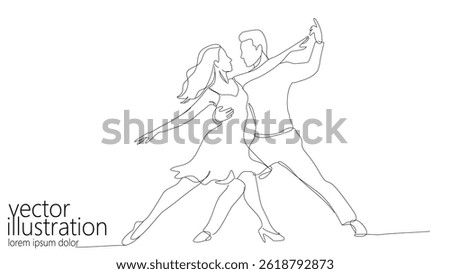 Continuous line drawing couple dancing. Woman wears dress man wears pants. Dance studio events wedding invitations cards. Minimalist style line art front view on white background