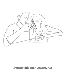 Continuous line drawing of couple dining in café. Hand drawn body silhouette line art. Outline drawing man feeds woman dessert. 