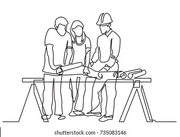 continuous line drawing of - couple discussing construction plan with developer