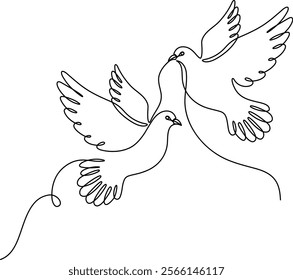 Continuous line drawing. Couple dove bird minimalist design handdrawn. Vector illustration isolated.