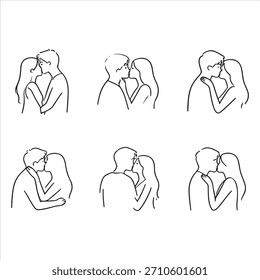 Conjunto de ilustrações românticas minimalistas de abraço de casal de desenho de linha contínua