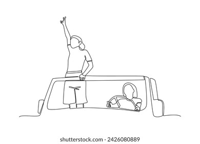 Continuous line drawing of a couple enjoys the sensation of traveling in the right car, Best Use for Sticker, editable icon. Simple line.