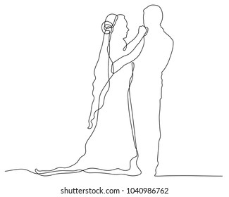 continuous line drawing of couple getting married at a wedding ceremony flat 