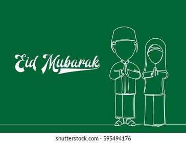 continuous line drawing of couple for Greeting "Eid Mubarak"