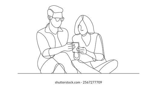 Continuous line drawing of couple hold the mobile phone reading or receiving a message. Hand drawn single line vector illustration
