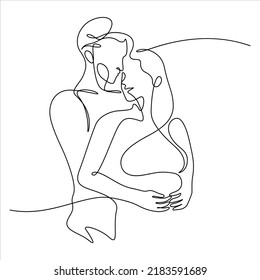 Continuous Line Drawing Of Couple Hug Together Vector Illustration. Decorative Art Isolated On White Background