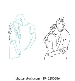 Continuous line drawing of couple hugging each other vector illustration simple minimalist design concept. Couple in love line art