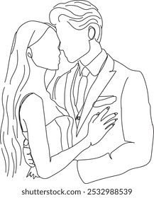 Desenho de linha contínuo de um casal abraçando, arte de linha, vetor