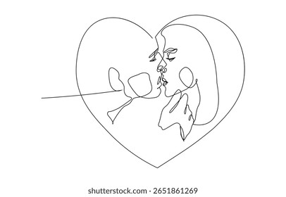 Desenho de linha contínuo, uns beijos. Amando homem e mulher. Coração. Amor. Cartão de namorados. Um único par de desenho de linha.