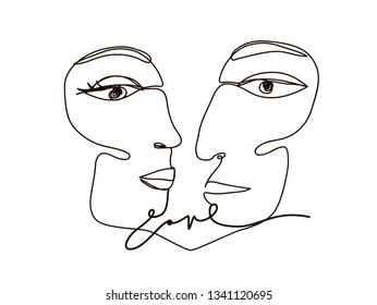 Continuous line, drawing of couple in love, fashion minimalist concept, vector illustration.