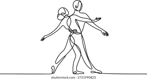 Desenho de linha contínua de casal apaixonadamente executando dança de salão tango movimento pose elegante e passos sincronizados simbolizando harmonia ritmo e conexão romântica estilo de arte mínima