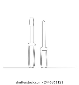 Continuous line drawing of a couple of screwdrivers. flat head and Phillips screwdriver. Simple flat hand drawn style vector for tool in engineering and construction