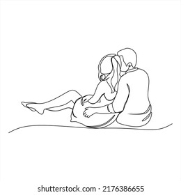 Continuous line, drawing of a couple sitting back to show love. Simple lines Vector illustrations