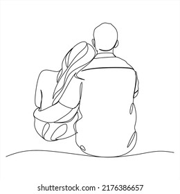 Continuous line, drawing of a couple sitting back to show love. Simple lines Vector illustrations