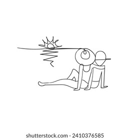 Pareja de dibujo en línea continua sentada en la playa viendo la puesta de sol. Vacaciones de verano. Vector de iconos de ilustración