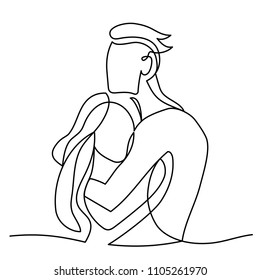 Continuous line drawing of couple standing hugging. One line art