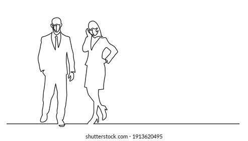 dibujo de línea continua de un par de empresarios de pie con máscaras faciales