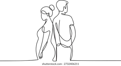 Continuous line drawing of a couple standing back to back. This illustration depicts relationship problems, separation, emotional distance, and conflict between partners. Concept of loneliness, misunderstanding, and communication breakdown within a relationship. - Powered by Shutterstock - Get 15% off with code: PIKWIZARD15