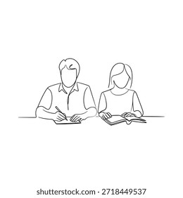 Continuous line drawing of a couple studying together at a desk