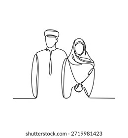 Dibujo de línea continuo de una pareja con ropa islámica tradicional
