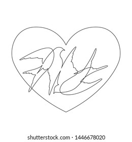 continuous line drawing of couple of two love birds inside heart shape symbol