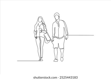 continuous line drawing of a couple walking together