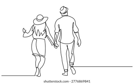 Continuous line drawing of a couple walking hand in hand, back view, wearing hats, minimalist outline illustration of love, journey, and togetherness on white background. 
