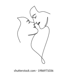 A continuous line drawing of a couple's face. Man and woman kissing. Love print. Minimalist art line. Vector illustration 