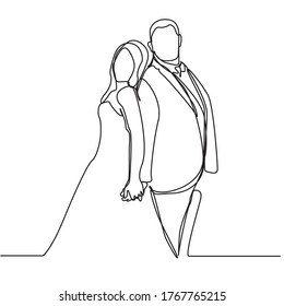continuous line drawing of Couples who love each other get married. Newlyweds holding hands, hugging. Element for wedding invitations isolated on white background. vector illustration