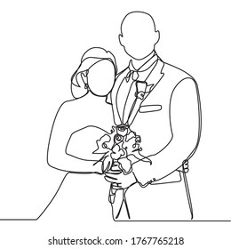 dibujo de línea continua de parejas que se aman se casan. Recién casados tomándose la mano, abrazándose. Elemento para invitaciones de boda aisladas en fondo blanco. ilustración vectorial