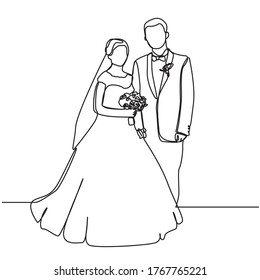 continuous line drawing of Couples who love each other get married. Newlyweds holding hands, hugging. Element for wedding invitations isolated on white background. vector illustration