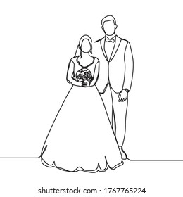 continuous line drawing of Couples who love each other get married. Newlyweds holding hands, hugging. Element for wedding invitations isolated on white background. vector illustration