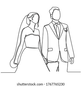 continuous line drawing of Couples who love each other get married. Newlyweds holding hands, hugging. Element for wedding invitations isolated on white background. vector illustration