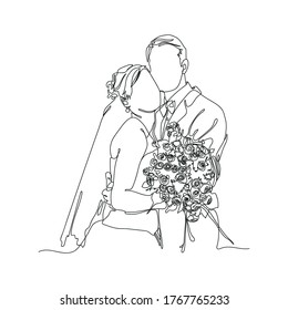 continuous line drawing of Couples who love each other get married. Newlyweds holding hands, hugging. Element for wedding invitations isolated on white background. vector illustration