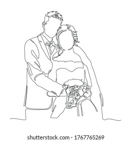 dibujo de línea continua de parejas que se aman se casan. Recién casados tomándose la mano, abrazándose. Elemento para invitaciones de boda aisladas en fondo blanco. ilustración vectorial