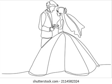 continuous line drawing of Couples who love each other get married. Newlyweds holding hands, hugging. Element for wedding invitations isolated on white background. vector illustration