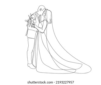 Dibujo de línea continua de parejas que se aman se casan. Recién casados besándose, abrazándose. Elemento para invitaciones de boda sobre fondo blanco.