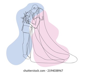 Continuous line drawing of Couples who love each other get married. Newlyweds kissing, hugging. Element for wedding invitations on white background with colorful geometry elements.