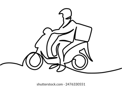 Línea continua que dibuja el scooter del mensajero que monta con el paquete de la caja. Entrega Hombre Ride Scooter Motocicleta Ilustración vectorial de dibujos animados