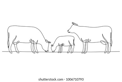 Continuous Line Drawing Of Cow And Calf Isolated On White For Farms, Groceries, Packaging And Branding