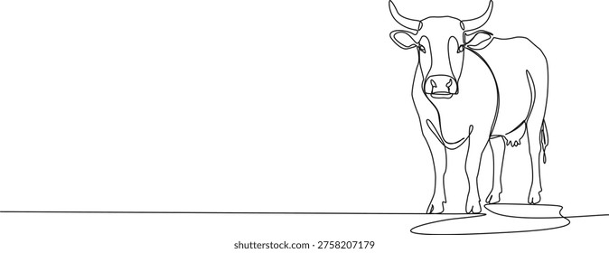 continuous line drawing of cow, front view, line art vector illustration