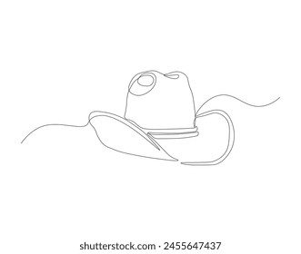 Continuous line drawing of cowboy hat. One line of cowboy hat. Cowboy continuous line art. Editable outline.
