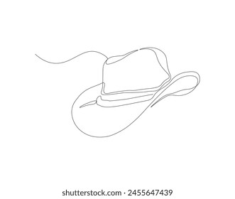 Continuous line drawing of cowboy hat. One line of cowboy hat. Cowboy continuous line art. Editable outline.
