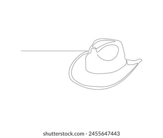 Continuous line drawing of cowboy hat. One line of cowboy hat. Cowboy continuous line art. Editable outline.
