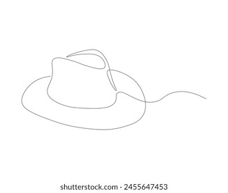 Continuous line drawing of cowboy hat. One line of cowboy hat. Cowboy continuous line art. Editable outline.
