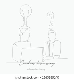 continuous line drawing. cowokers discussing idea. simple vector illustration. cowokers discussing idea concept hand drawing sketch line.
