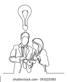 dibujo de línea continua de los cowokers discutiendo idea