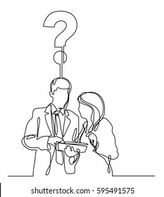 continuous line drawing of cowokers discussing a question