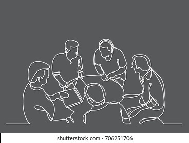 continuous line drawing of coworkers discussing