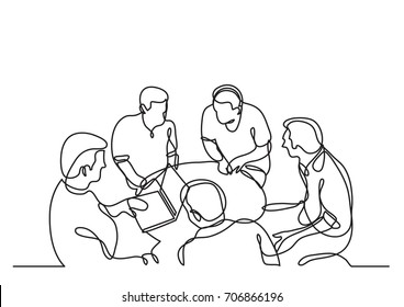 continuous line drawing of coworkers discussing